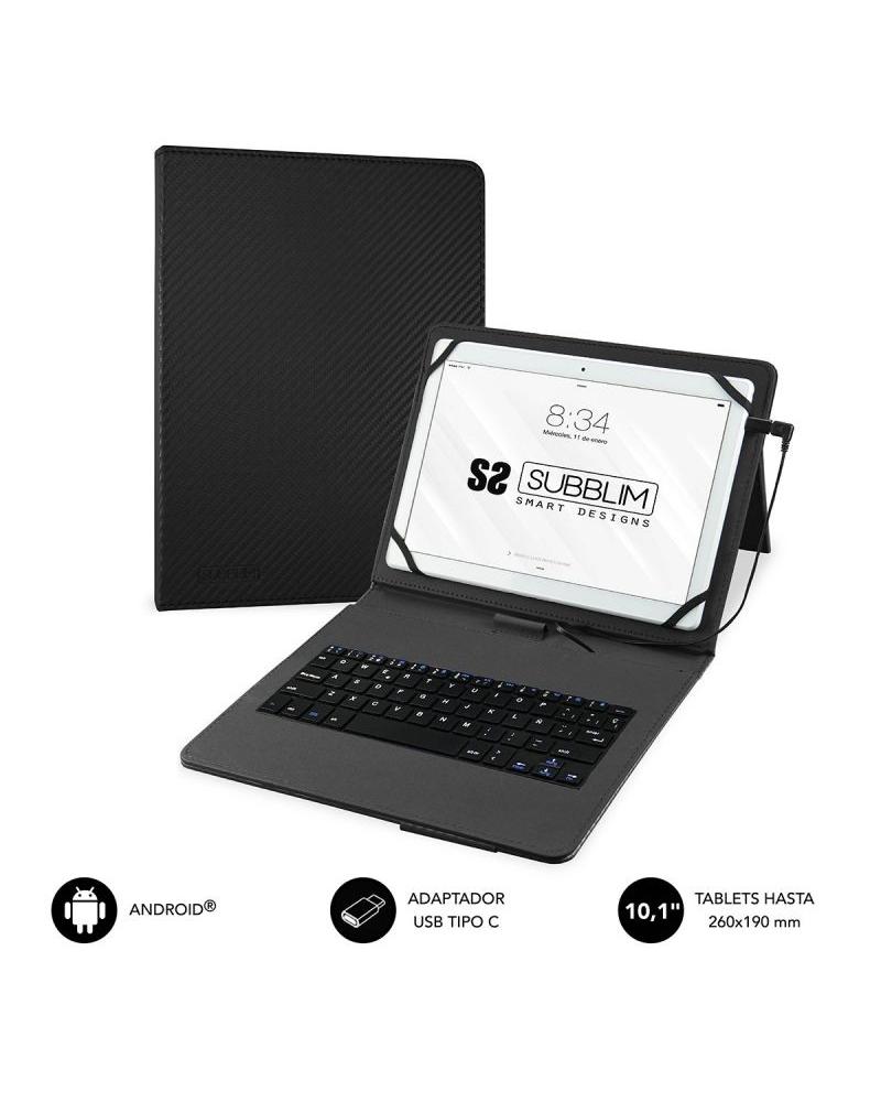 FUNDA CON TECLADO SUBBLIM KEYTAB PRO USB BLACK - PARA TABLET DE 10.1'/25.65CM - MICROUSB CON ADAPTADOR TIPO-C - CIERRE SOLAPA MA