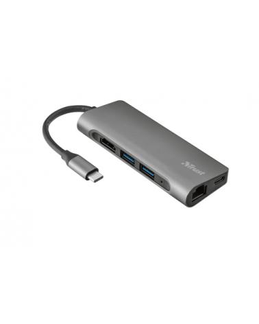 Hub USB Trust 23331/ 3 Puertos USB/ 1 HDMI/ 1 RJ45/ 1 Lector Tarjetas SD/ Gris - Imagen 1