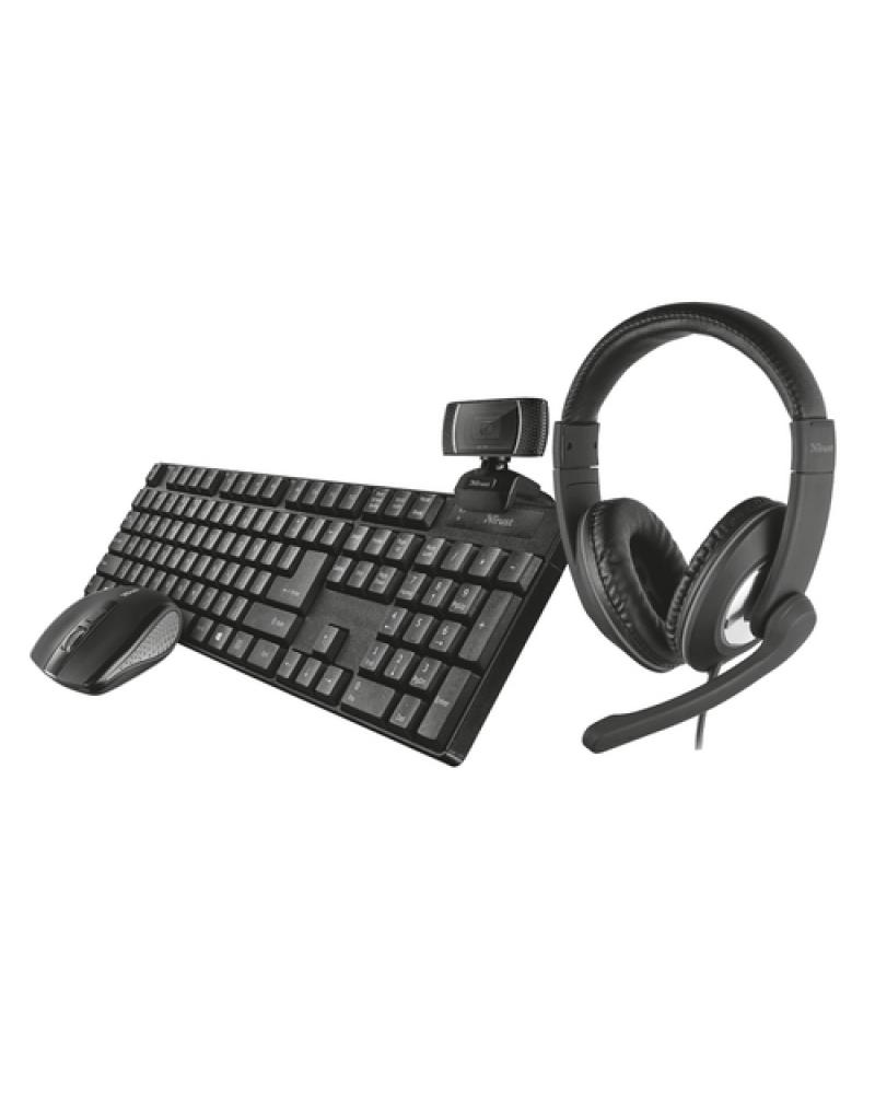 Pack 4 en 1 Trust Qoby Home Office Set Webcam + Teclado Inalámbrico + Ratón Inalámbrico + Auriculares con Micrófono - Imagen 1